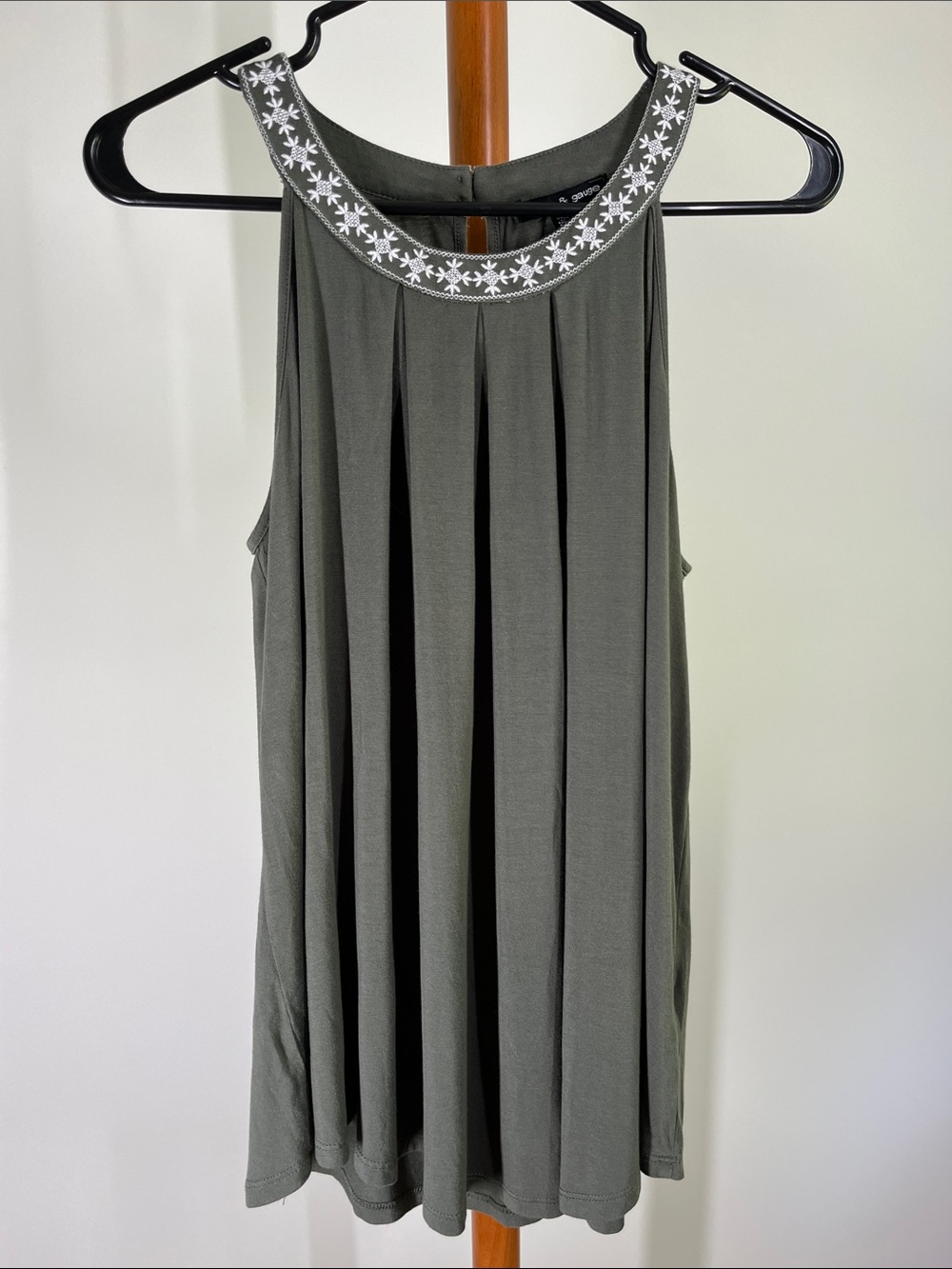 Cable & Gauge Olive Green Tank with White Embroidered Neckline